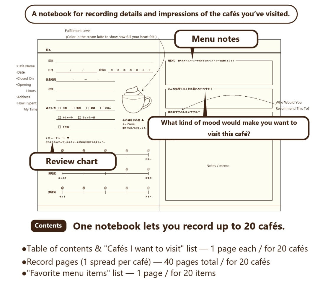Cafe & Relaxing Time Notebook - Record the cafes you visit and your drink
