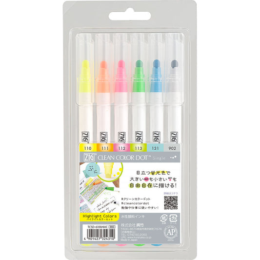 Kuretake ZIG Clean Color Dot Marker Highlight Color Single 6 Color Set